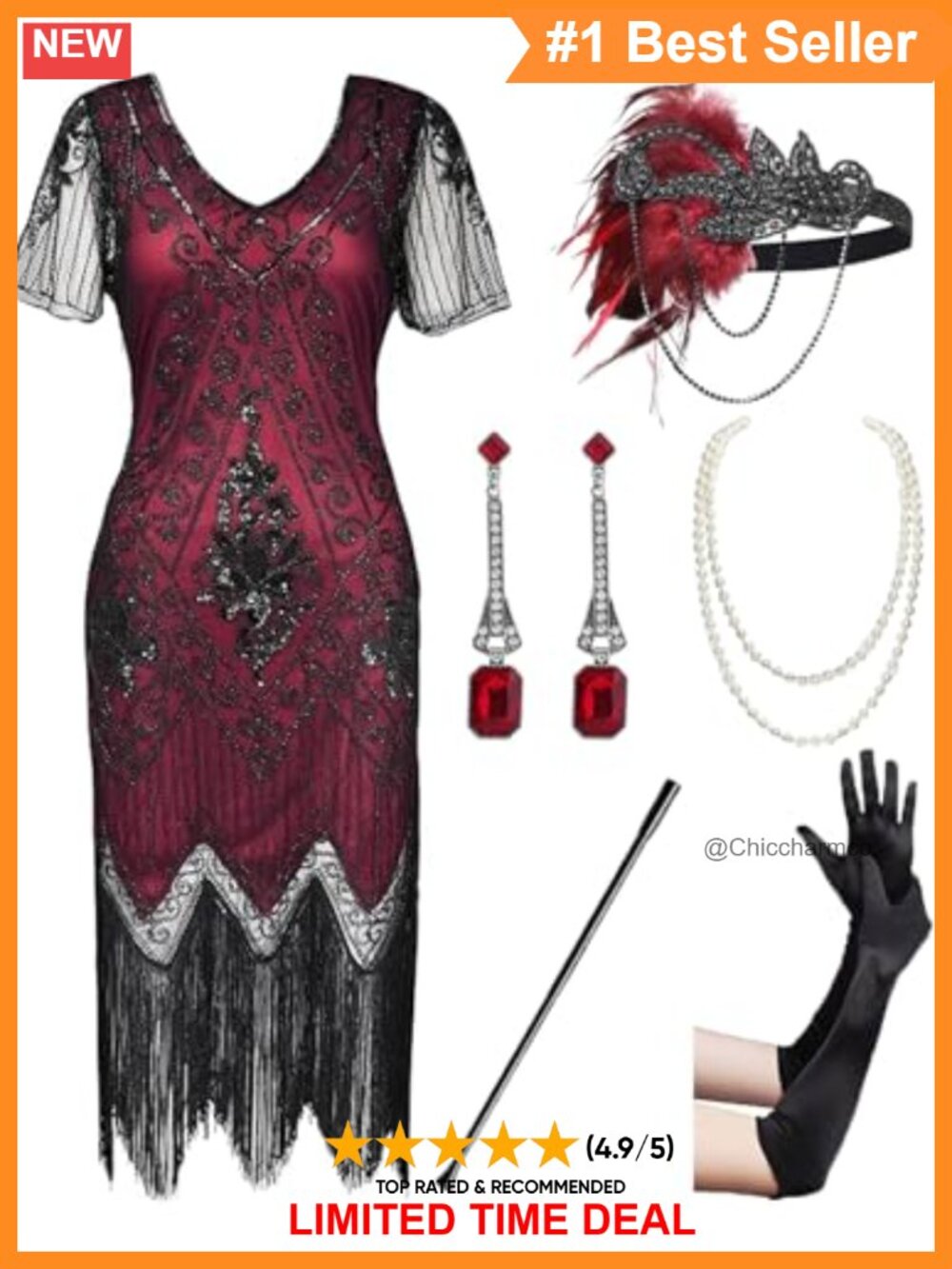 1920s Vintage Sequin Beaded Flapper Dress with Fringe and Accessories